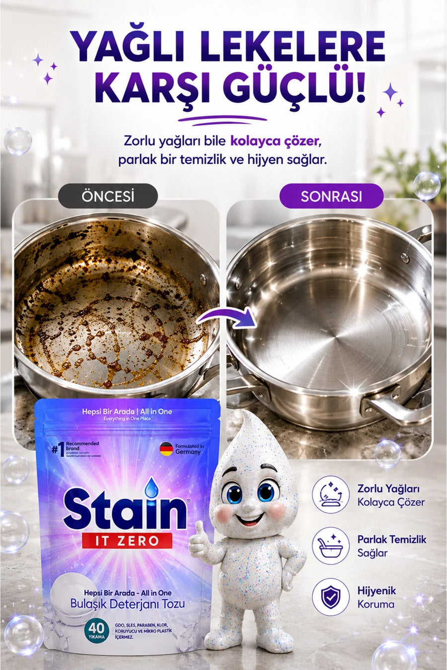 Stain İt Zero Hepsi Bir Arada Toz Bulaşık Makinesi Deterjanı - 40 Yıkama