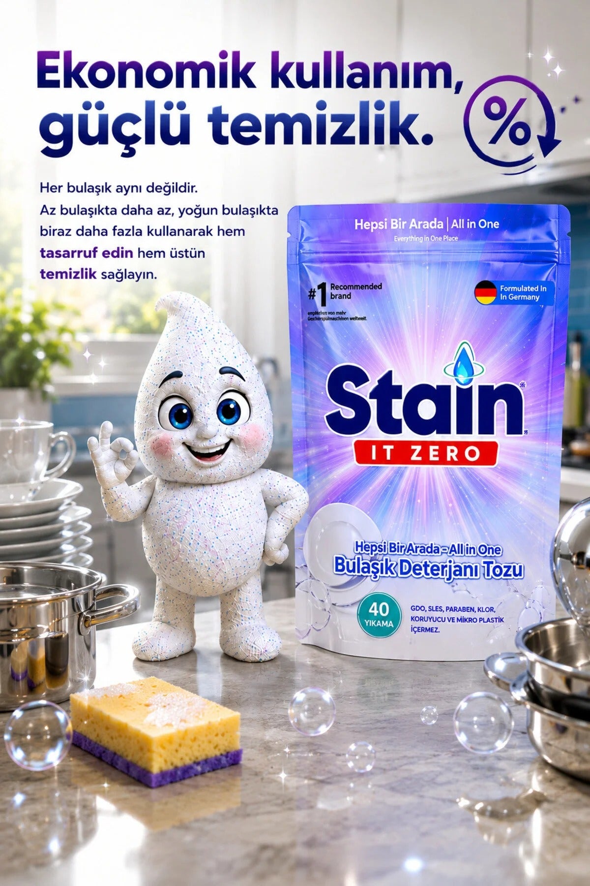 Stain İt Zero Hepsi Bir Arada Toz Bulaşık Makinesi Deterjanı - 40 Yıkama