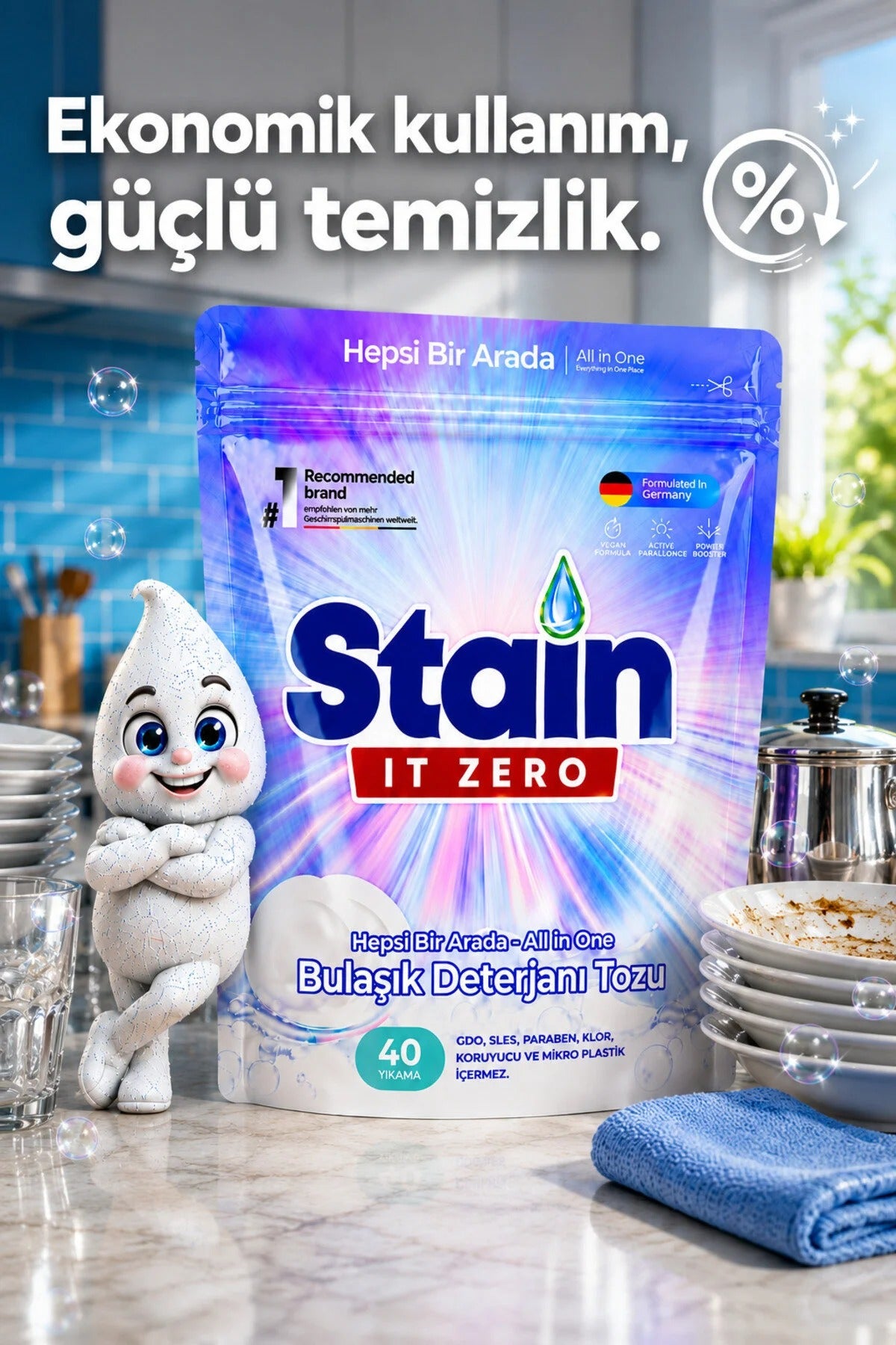 Stain İt Zero Hepsi Bir Arada Toz Bulaşık Makinesi Deterjanı - 40 Yıkama