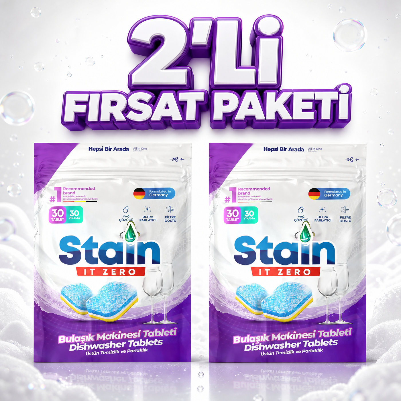 Stain İt Zero Hepsi Bir Arada Bulaşık Makinesi Tableti - 60 Yıkama (2Li Fırsat Paketi)