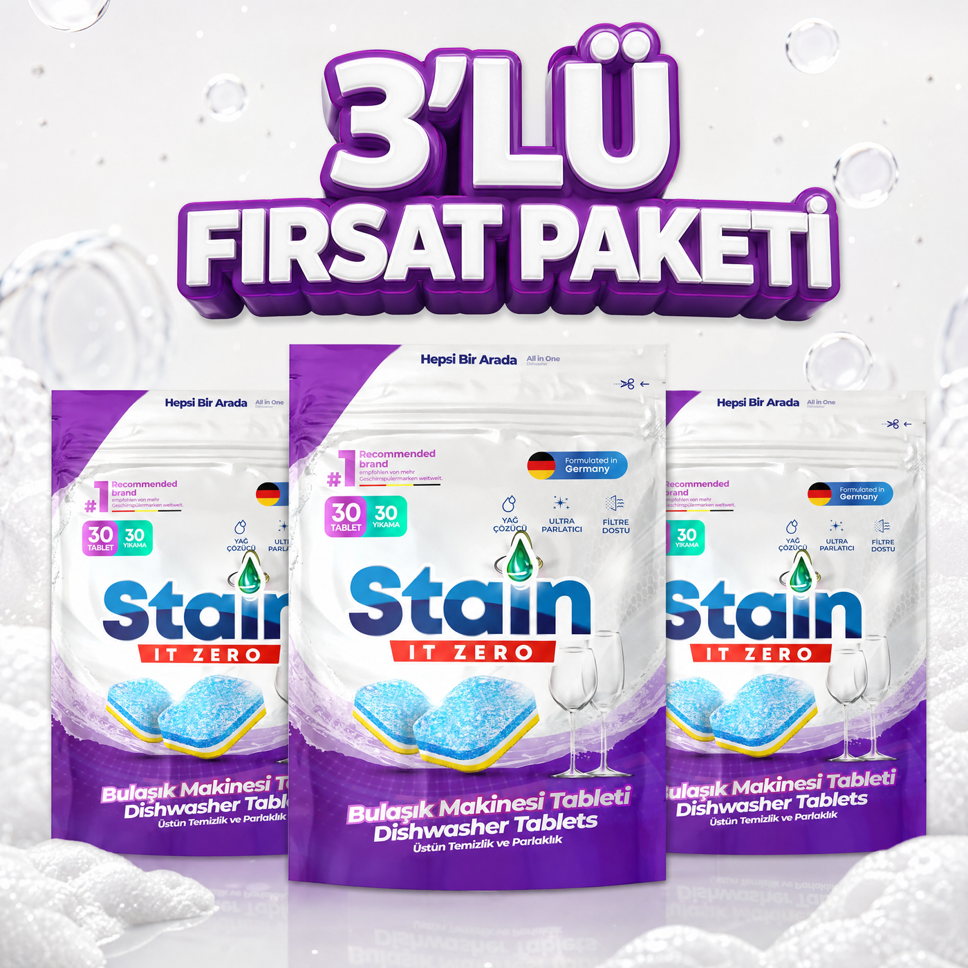 Stain İt Zero Hepsi Bir Arada Bulaşık Makinesi Tableti - 90 Yıkama (3Lü Fırsat Paketi) (Kopya)