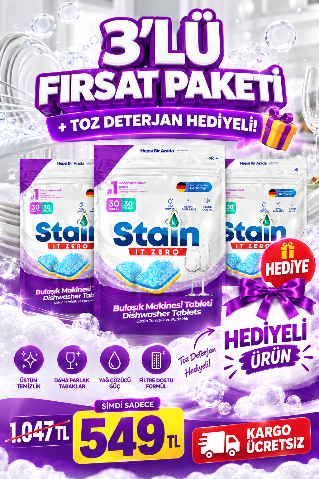 Stain It Zero Hepsi Bir Arada Tablet Bulaşık Makinesi Deterjanı