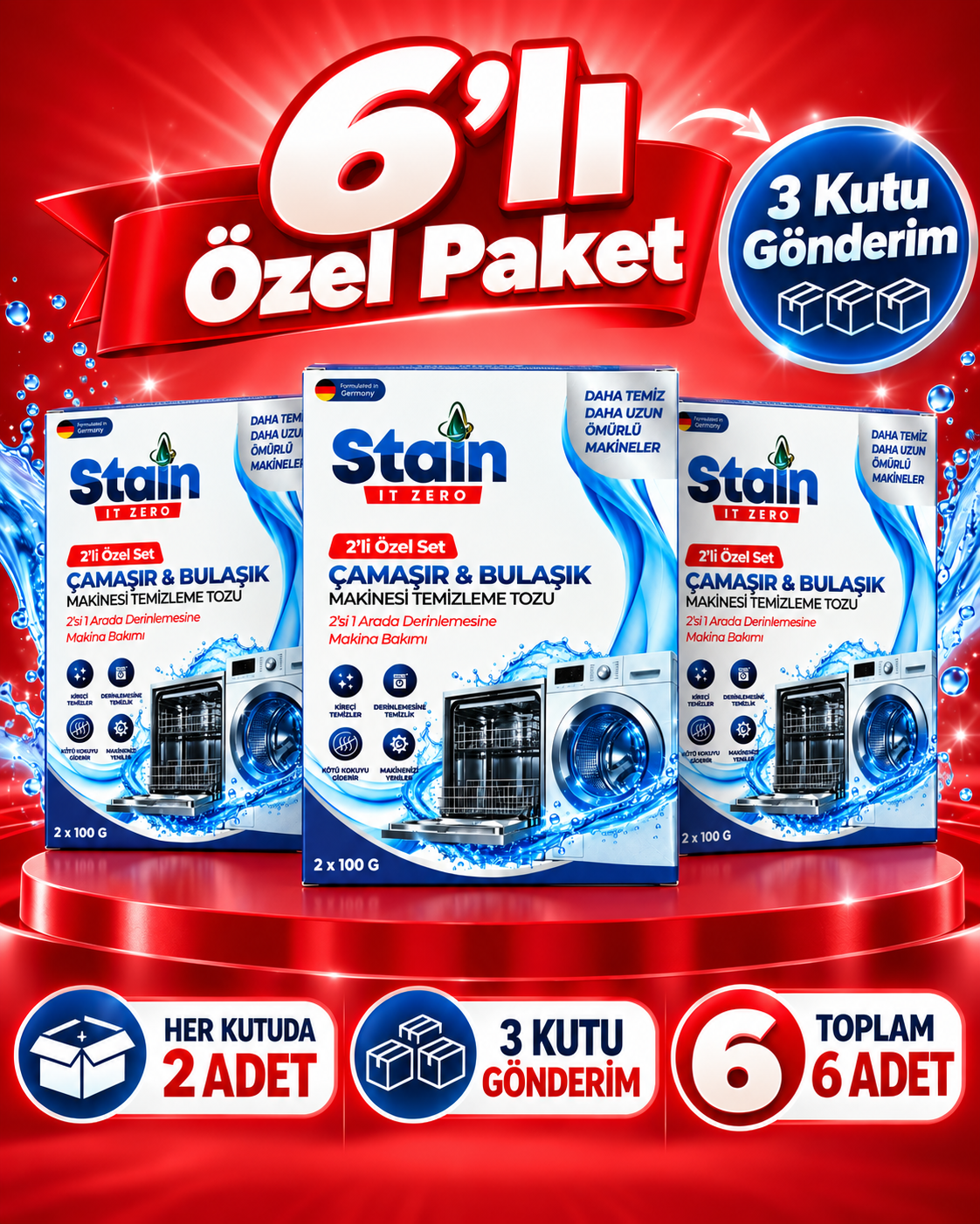 Çamaşır ve Bulaşık Makinesi Temizleyici 6’lı Set – Kireç, Yağ ve Kalıntıları Giderir 2x100 G (Kopya)