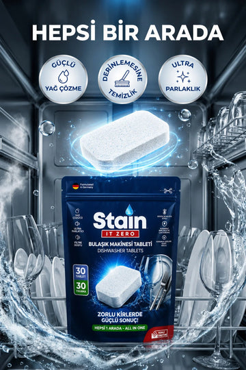 Stain İt Zero Hepsi Bir Arada Bulaşık Makinesi Tableti & Zorlu Kirlerde Güçlü Sonuç - 30 Yıkama