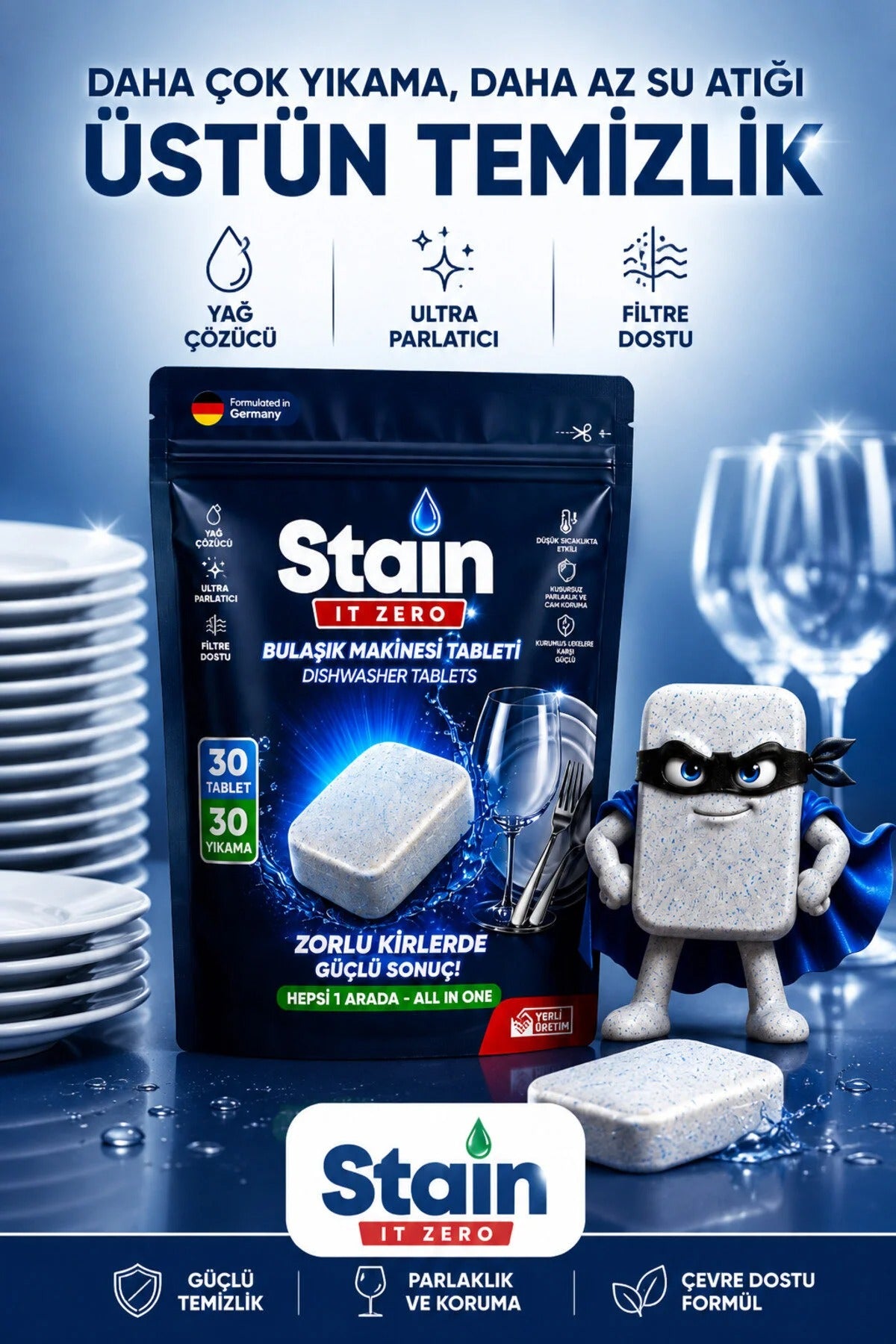 Stain İt Zero Hepsi Bir Arada Bulaşık Makinesi Tableti & Zorlu Kirlerde Güçlü Sonuç - 30 Yıkama