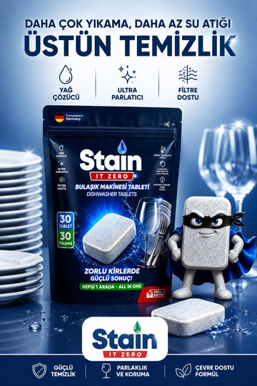 Stain İt Zero Hepsi Bir Arada Bulaşık Makinesi Tableti & Zorlu Kirlerde Güçlü Sonuç - 30 Yıkama