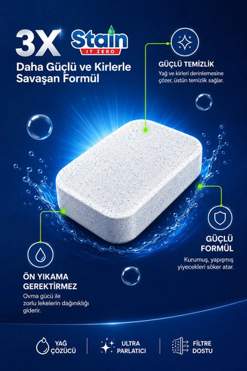 Stain İt Zero Hepsi Bir Arada Bulaşık Makinesi Tableti & Zorlu Kirlerde Güçlü Sonuç - 30 Yıkama