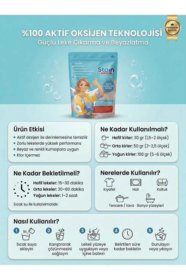 Stain İt Zero Çamaşır & Yüzey İçin Çok Amaçlı Aktif Oksijenli Toz Leke Çıkarıcı ve Beyazlatıcı - 800 gr
